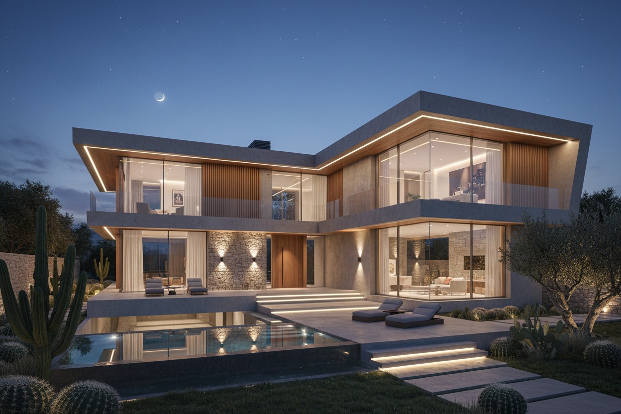 Eine moderne zweistöckige Villa mit Pool und beleuchteter Terrasse in der Abenddämmerung.