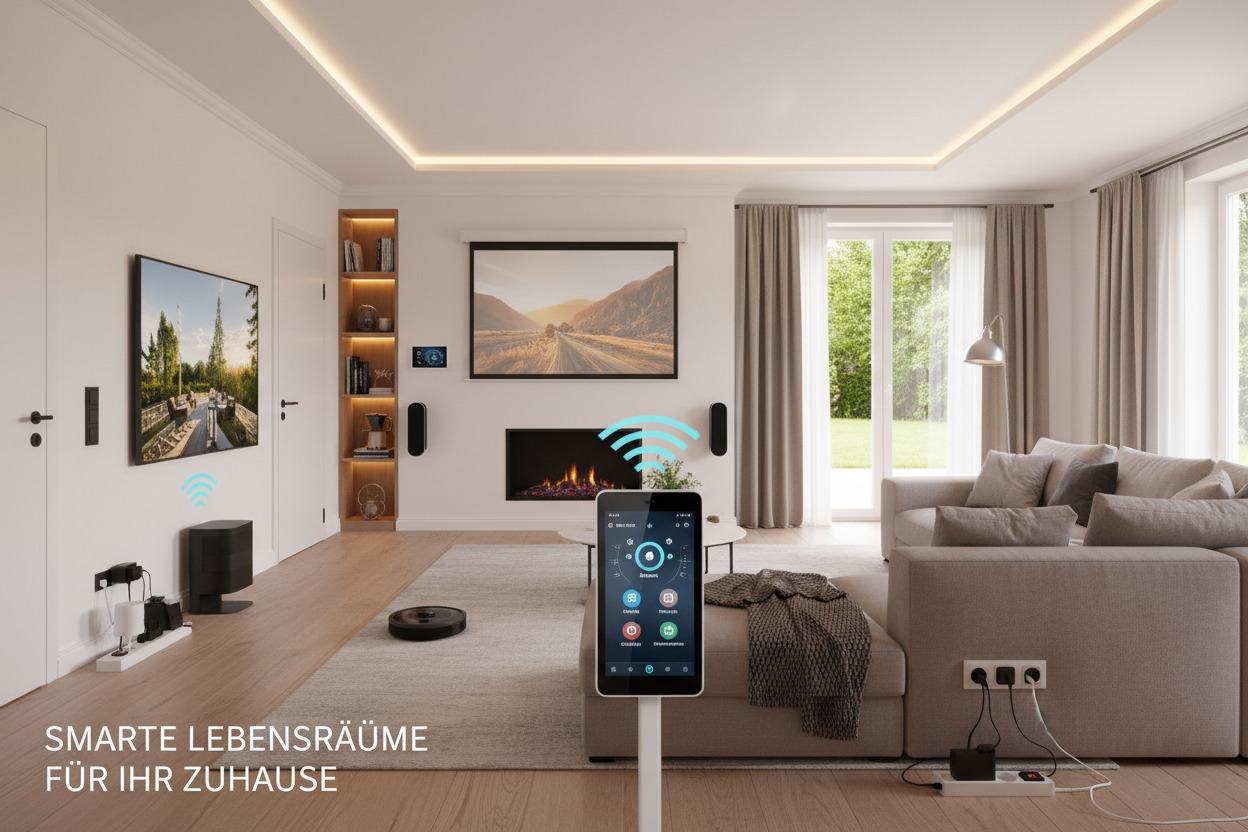 Ein modernes Wohnzimmer mit Smart-Home-Steuerung über ein zentrales Display, das verschiedene vernetzte Geräte wie Saugroboter und Unterhaltungselektronik visualisiert.