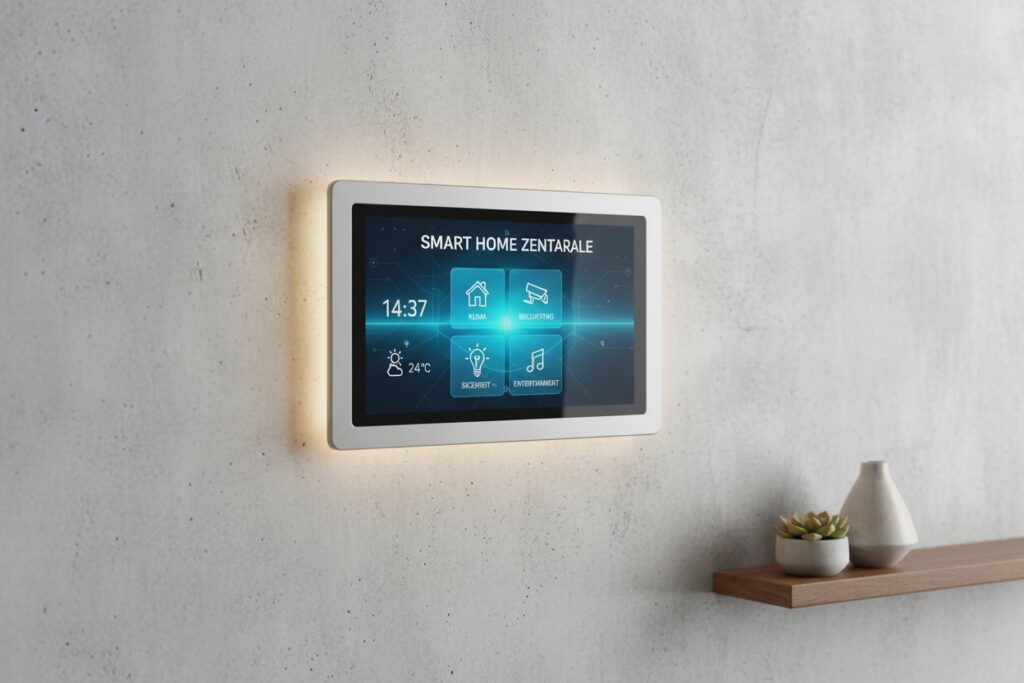Ein an einer grauen Betonwand montiertes Smart-Home-Bedienpanel zeigt eine digitale Benutzeroberfläche zur Steuerung von Klima, Sicherheit, Beleuchtung und Unterhaltung.