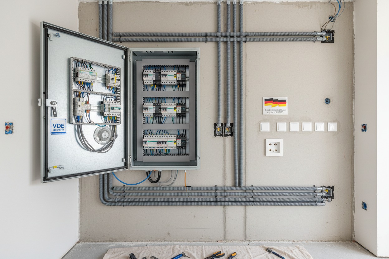Ein geöffneter Sicherungskasten mit sichtbarer Verkabelung und grauen Leerrohren an einer Betonwand in einem Rohbau.